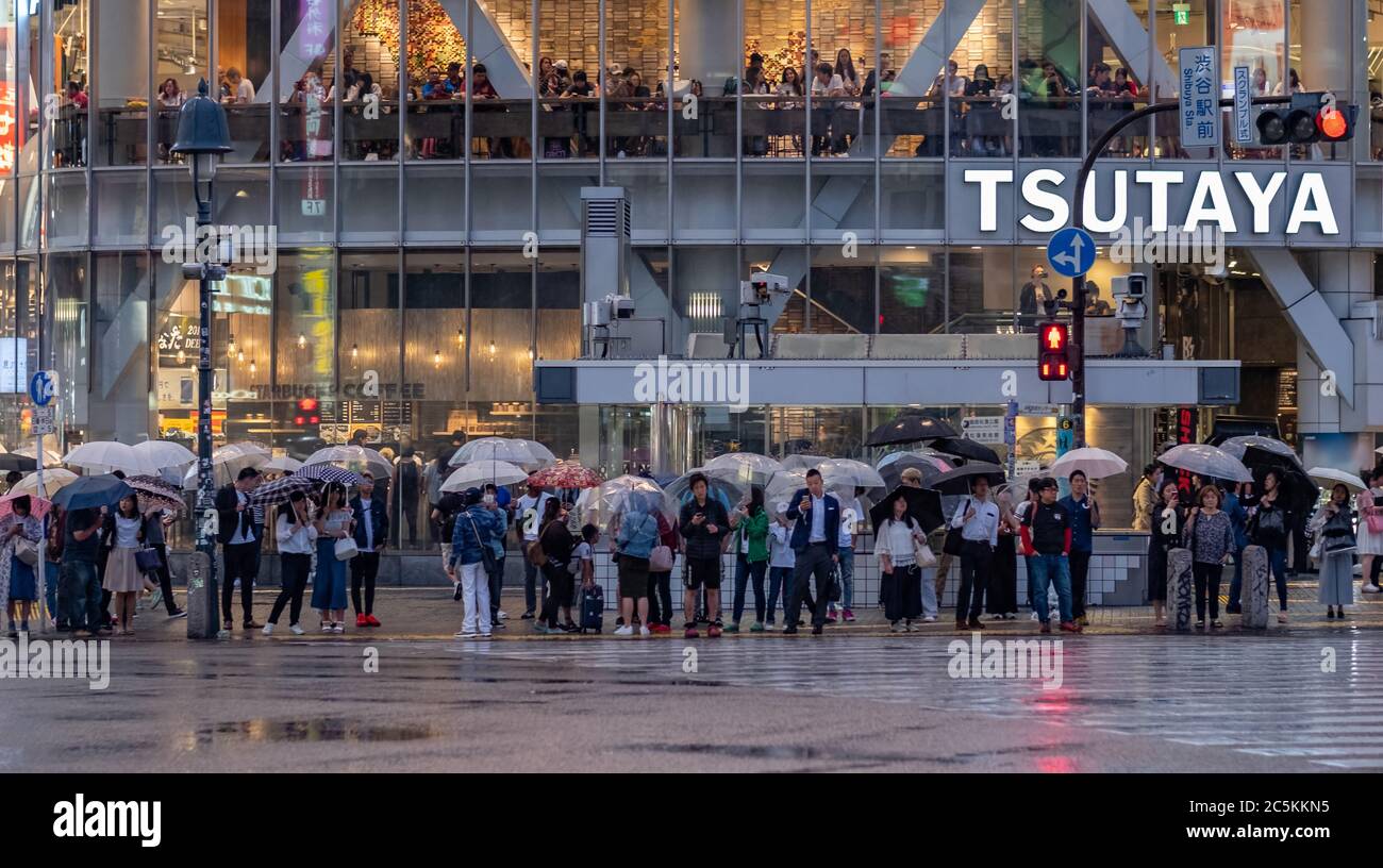 Crowd of people waiting to cross the famous Shibuya Scramble crossing in a rainy night, Tokyo, Japan. Stock Photo