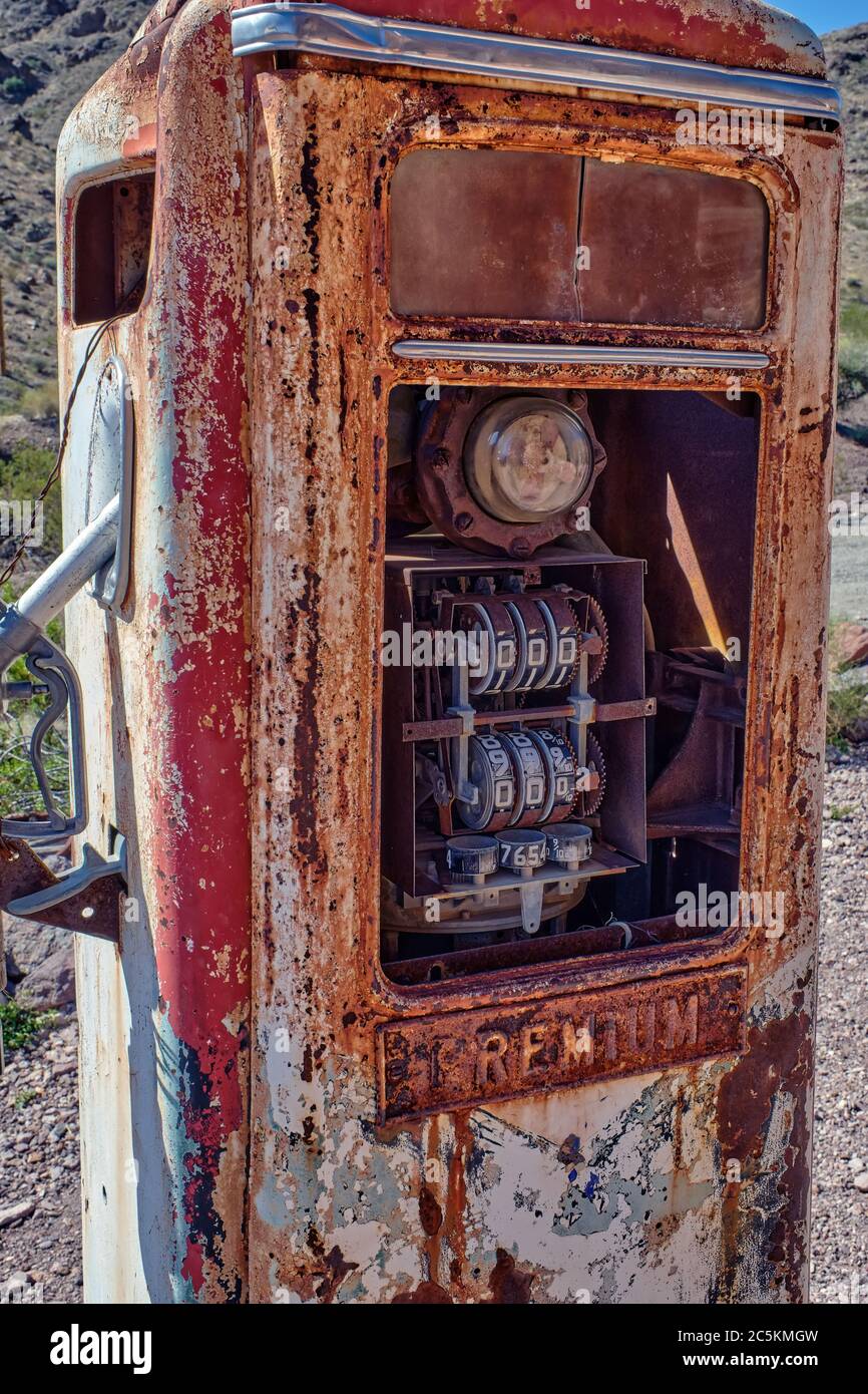 Old, rusty gas station at the Ghost Town of Nevada Stock Photo