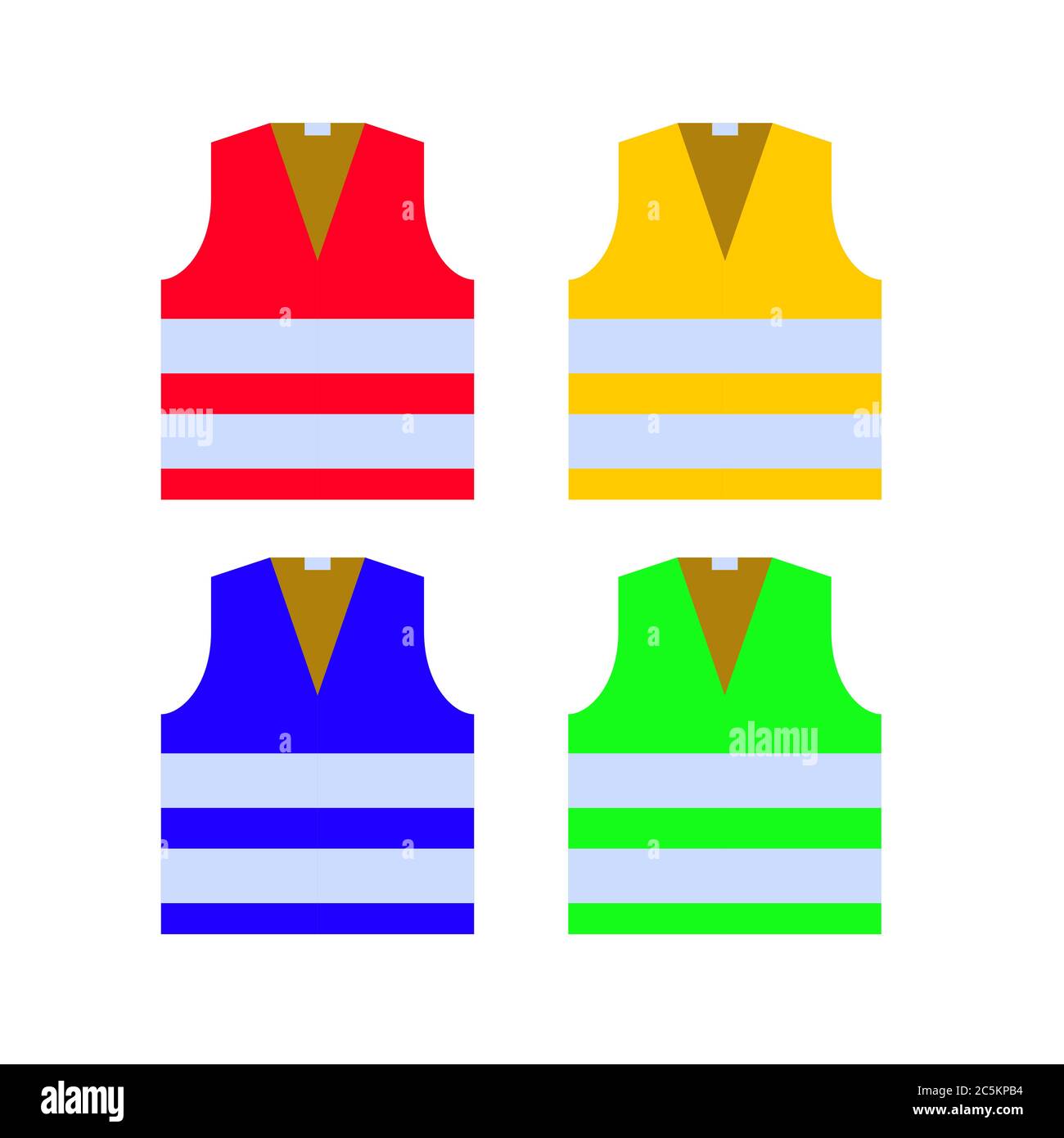 Safety vests set. Red, yellow, blue, green colors. Vector illustration. Stock Vector