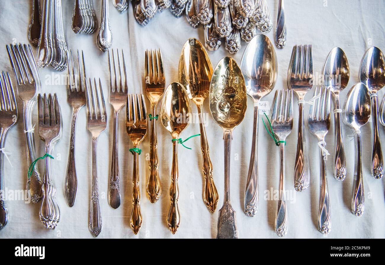 antique silverware for sale at the flea market, brimfield