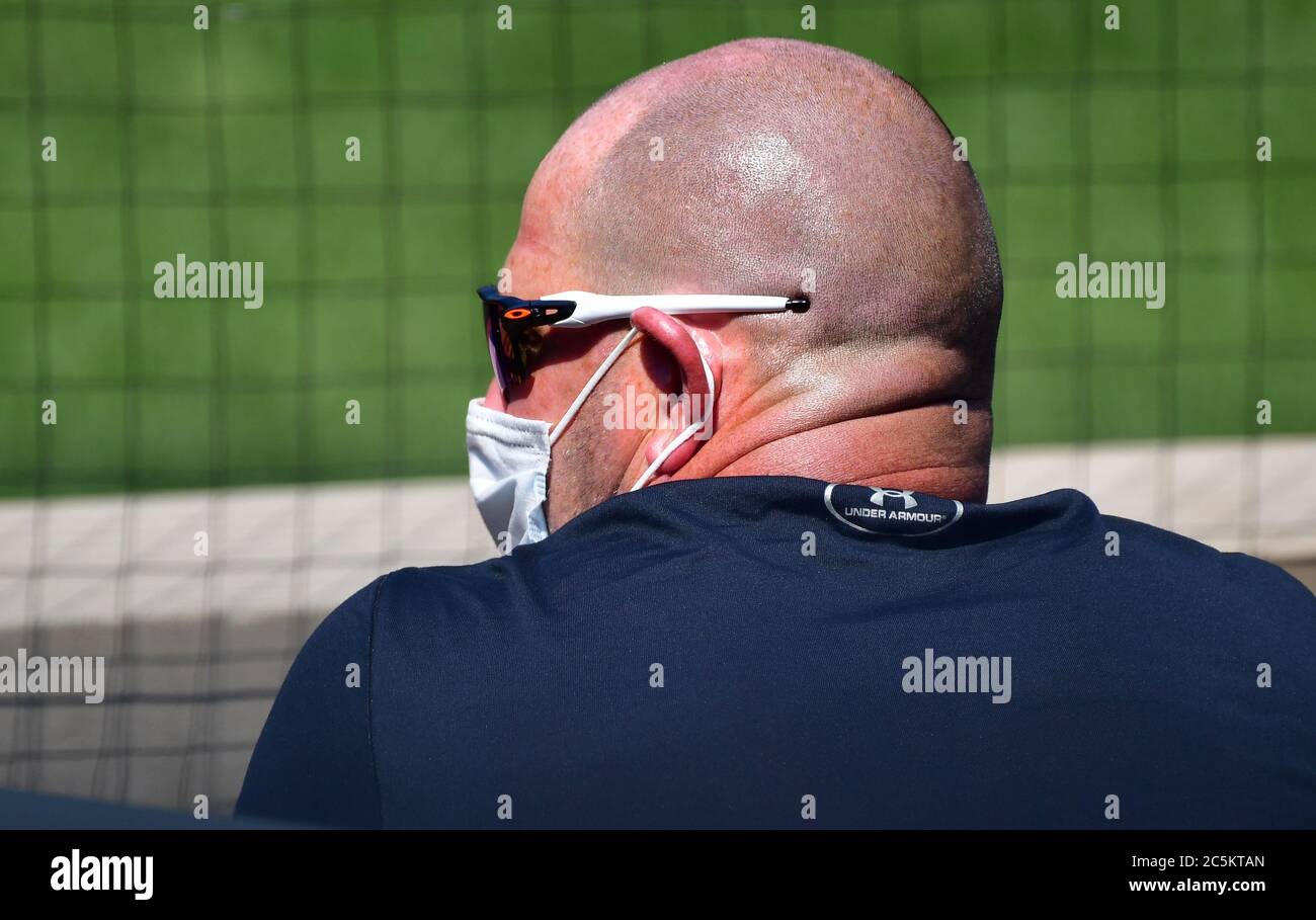 Baltimore, United States. 03rd July, 2020. Baltimore Orioles manager Brandon Hyde watches from home plate during the team's first training camp workout at Camden Yards in Baltimore, MD, on Friday, July 3, 2020. Major League Baseball is starting the 2020 season after the COVID-19 pandemic caused months of delays. Photo by David Tulis/UPI Credit: UPI/Alamy Live News Stock Photo