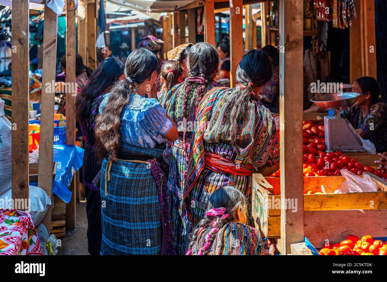 Maya indigenous people on the local market of Solola near the Atitlan Lake, Panajachel, Guatemala. Stock Photo