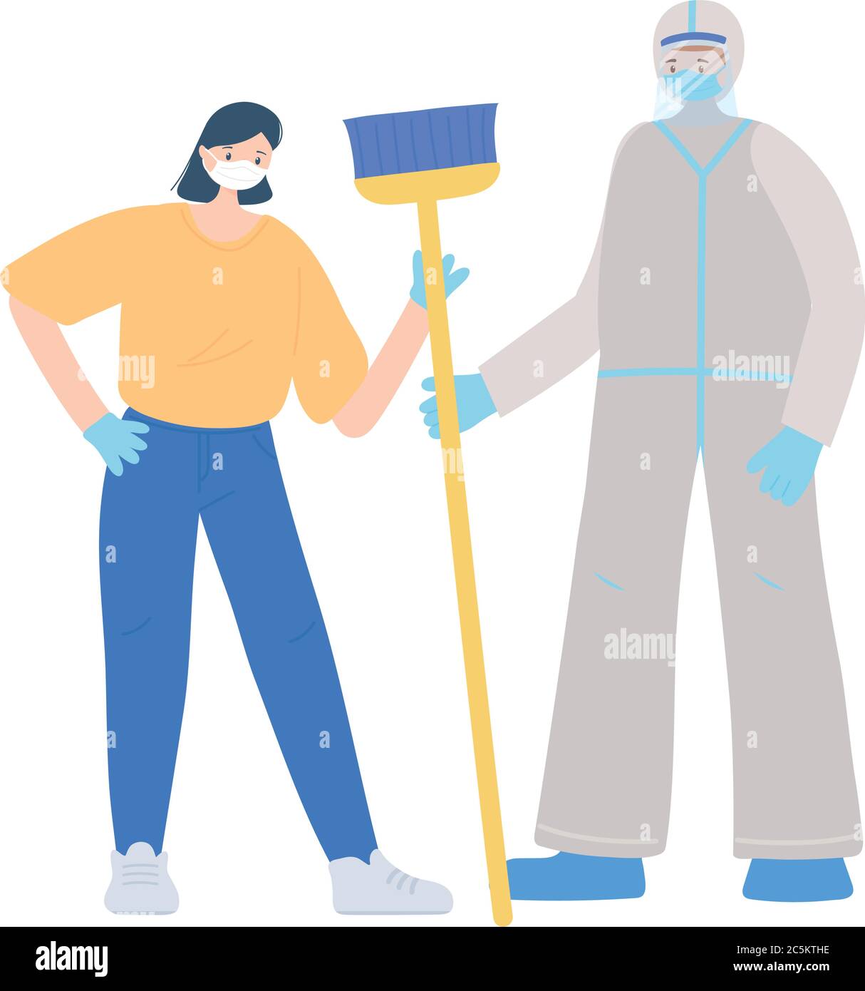 thank you essential workers, cleaner woman with broom and doctor with protective suit, wearing