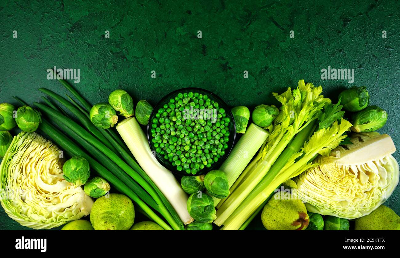 Healthy fruit and vegetables suitable for failsafe elimination diets with low salicylates and amines chemical on dark green textured background. Top v Stock Photo - Alamy