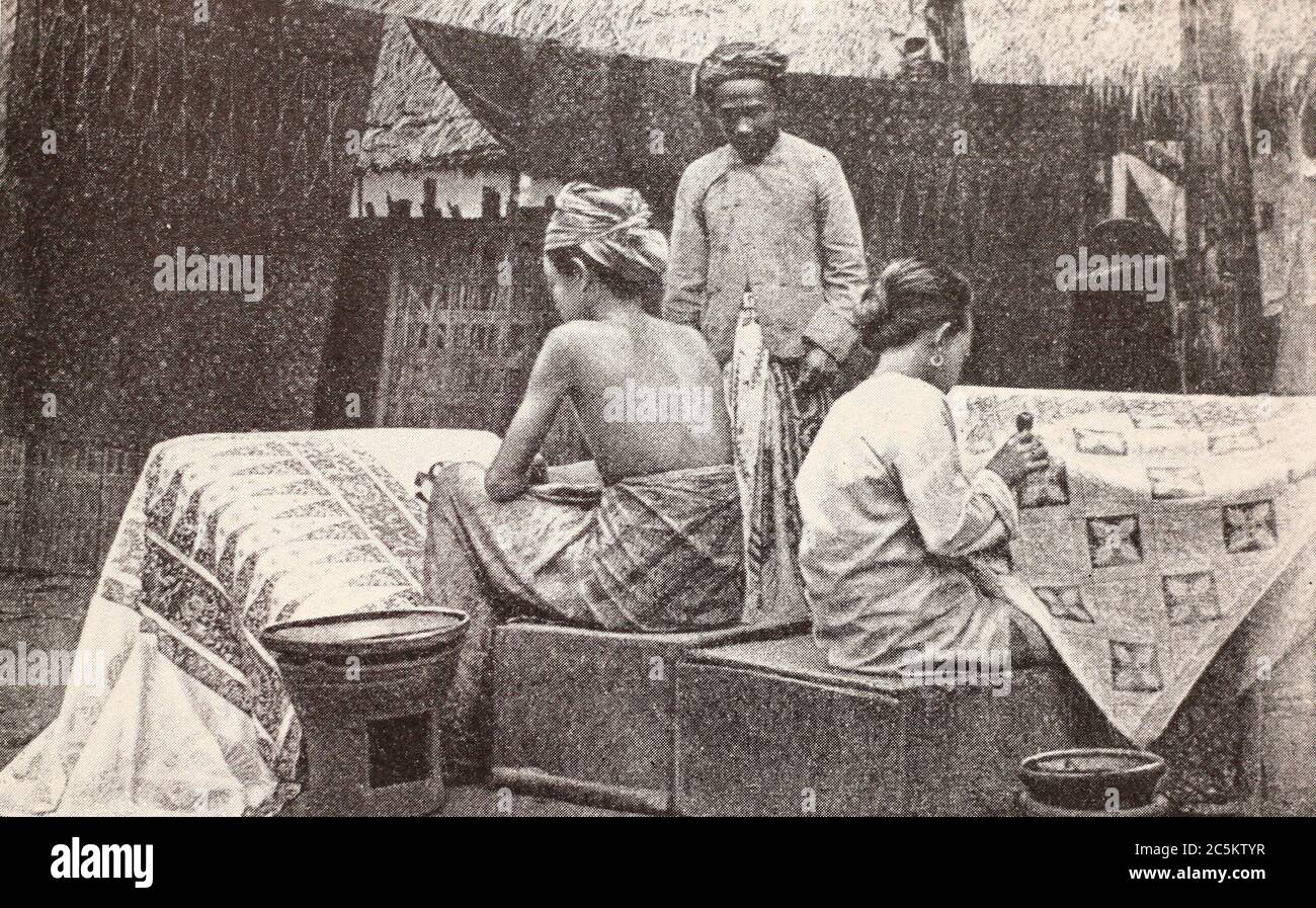 Manufacture of batik in Java in 1915. Stock Photo
