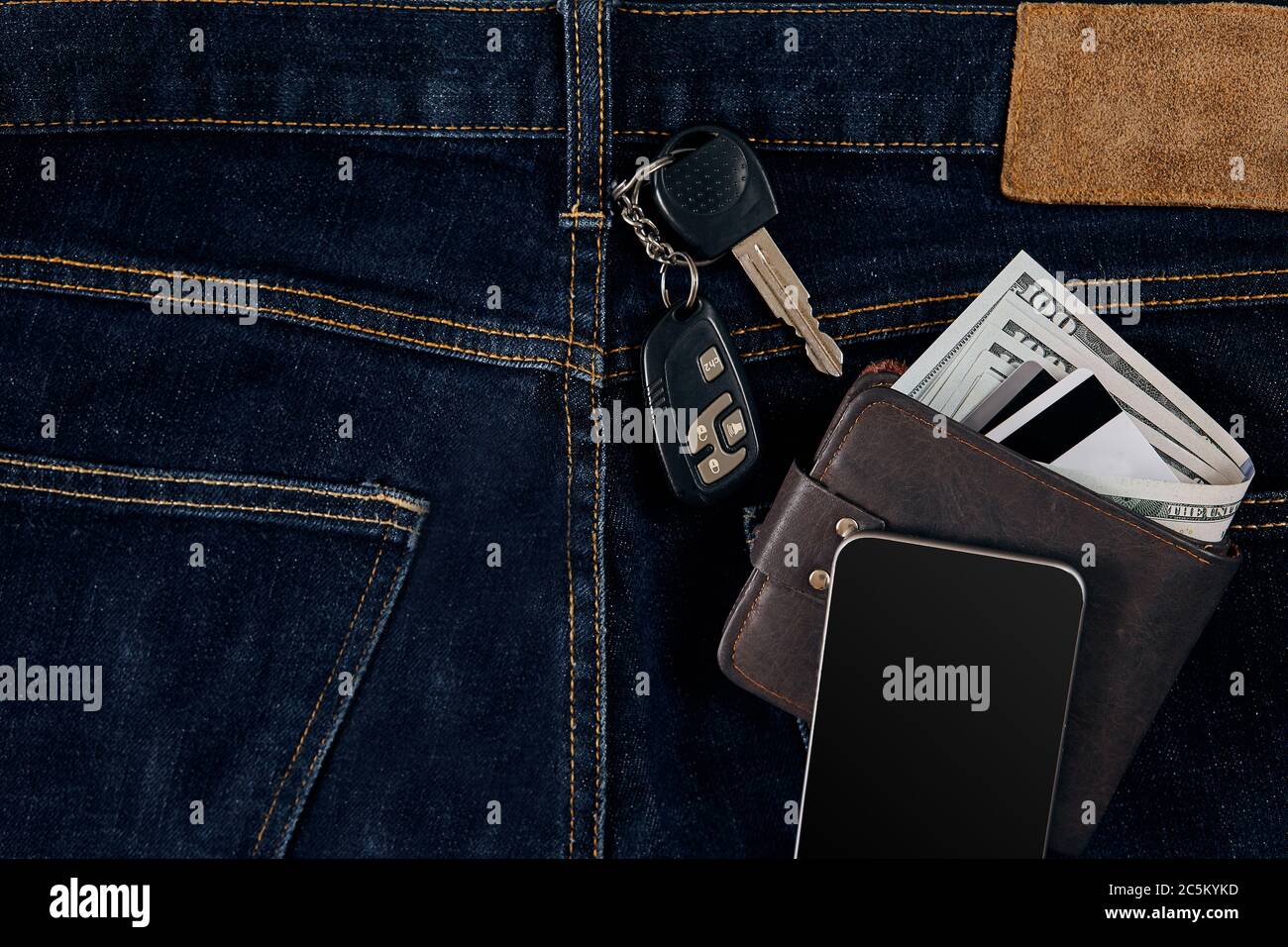 Back pocket with cash and debit card hires stock photography and