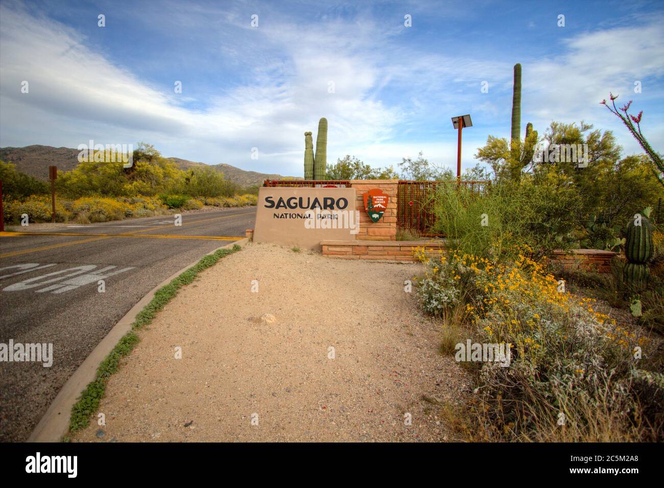 Entrance sign to the Saguaro National Park in Tucson. The Sonoran Desert in Arizona is the only place in the world where the Saguaro cactus can grow. Stock Photo