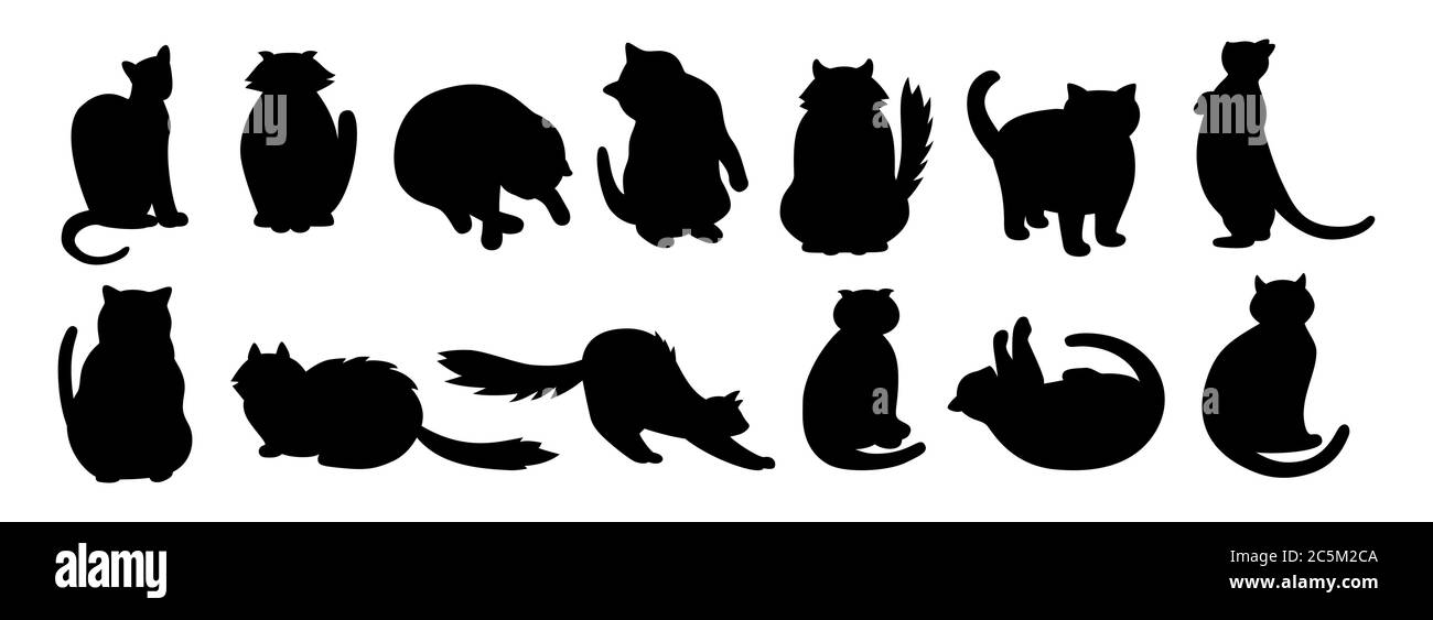 Cat character collection. Black flat cartoon silhouette set. Different kitty breeds, pet characters. Funny cats sitting, sleeping. Different stripes spots. Hand drawn isolated vector illustration Stock Vector