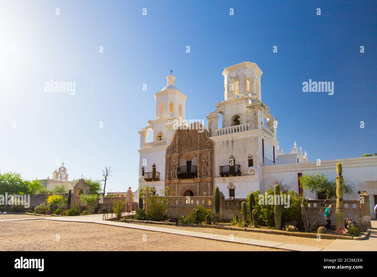 Exterior of the San Xavier Mission is the one of the oldest structures in Arizona and was built in 1692 in Tucson Arizona. Stock Photo