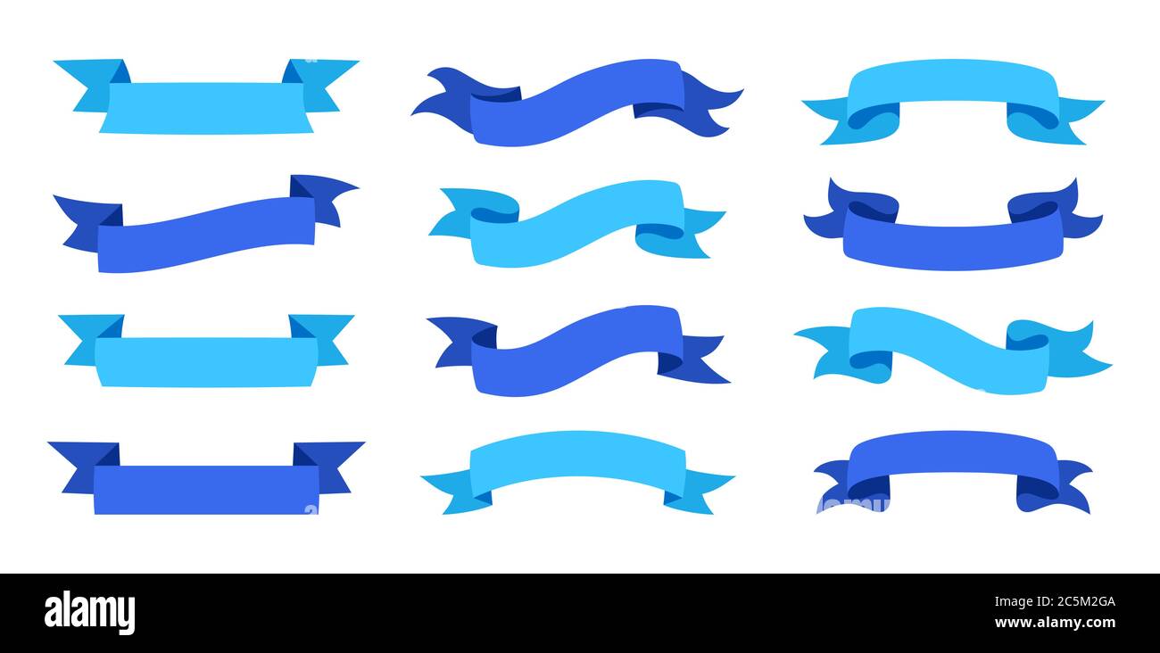 Ribbon blue set cartoon style. Decorative icons, tape blank flat ...