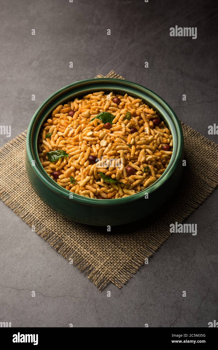 Puffed Rice Chivda is a savory and spicy bhel item made using murmura or murpure, Indian Food Stock Photo