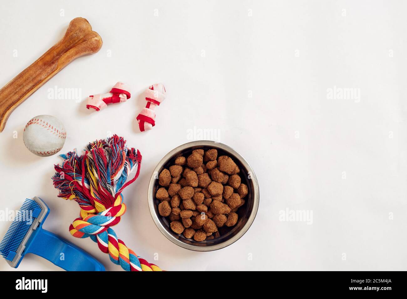 Dog food in metallic bowl and accessories on white background Stock