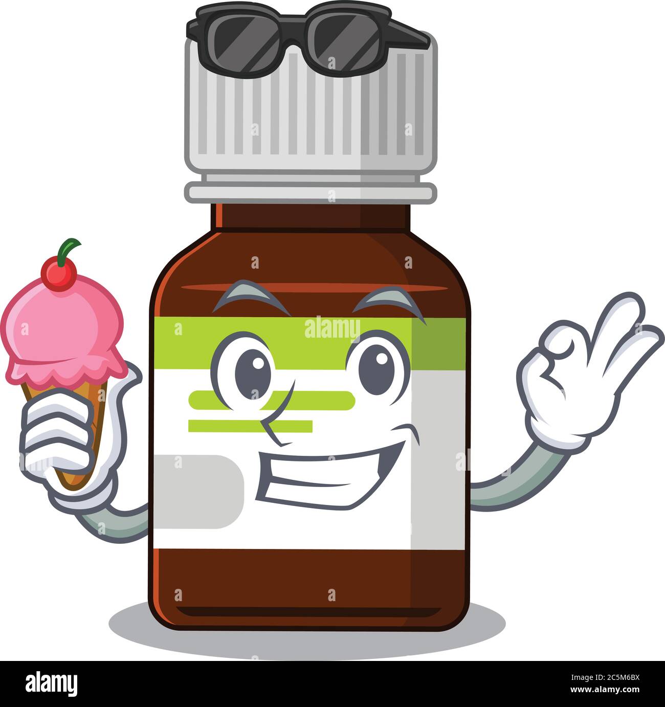 A cartoon drawing of antibiotic bottle holding cone ice cream Stock
