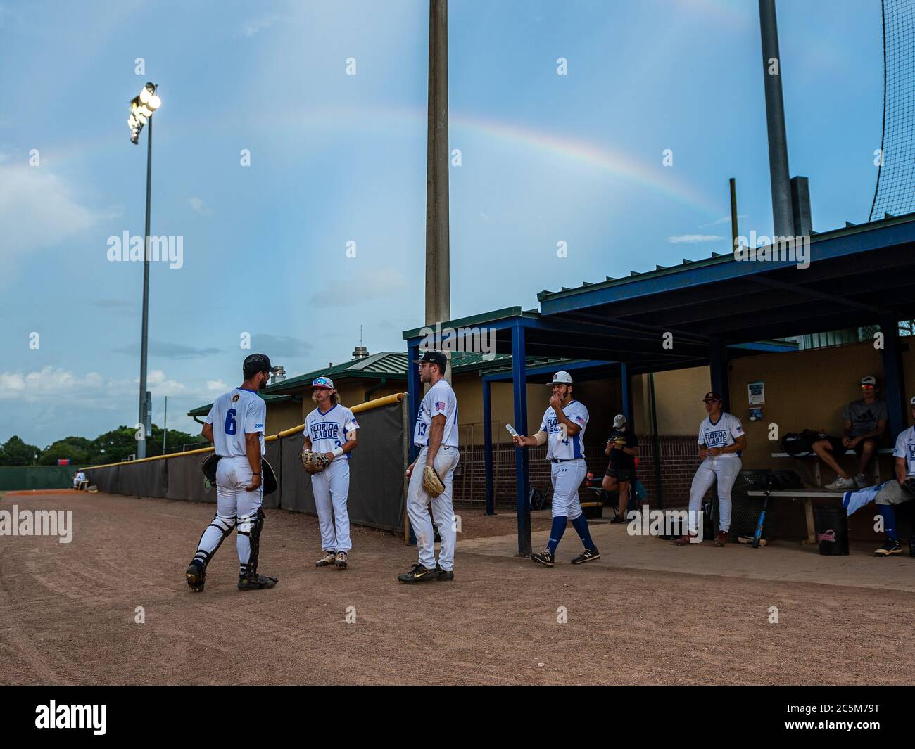June 29, 2020: River Rats prepare to play on opening night for Florida Collegiate Summer League game action between the Sanford Mavericks and the Sanford River Rats at Historical Sanford Stadium in Sanford, FL Romeo T Guzman/Cal Sport Media Stock Photo