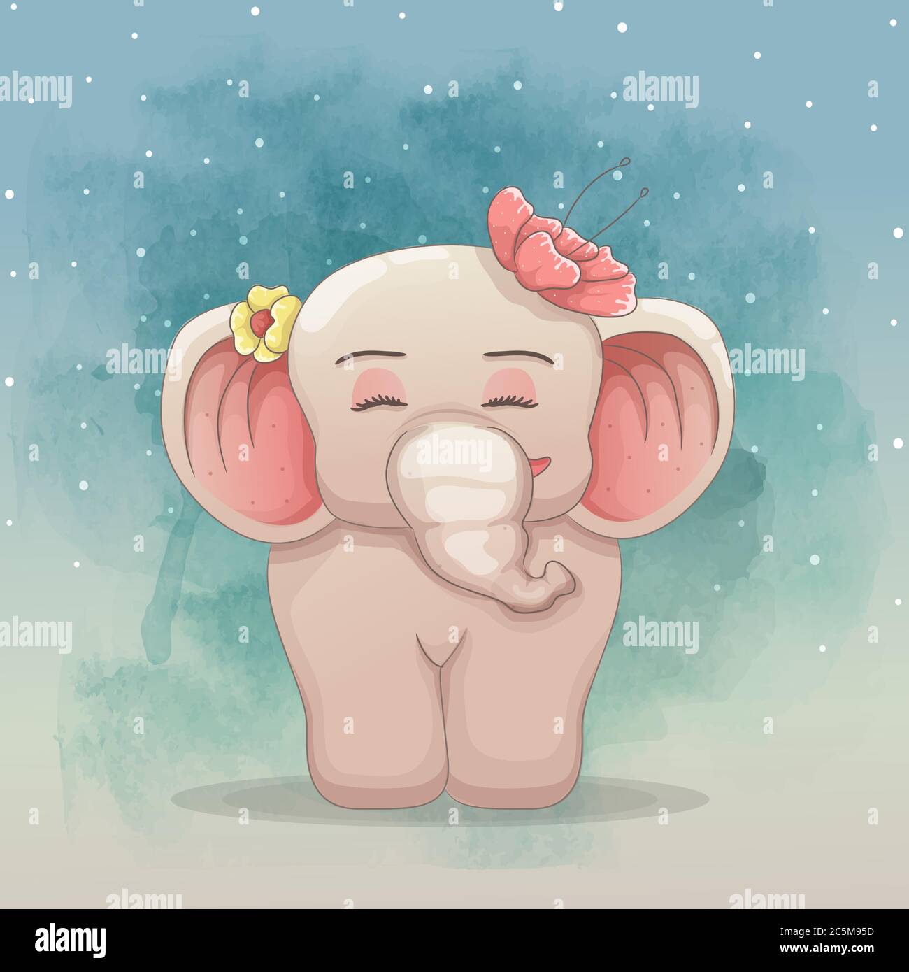 cute baby elephant with beautiful flowers. hand drawn vector art style ...