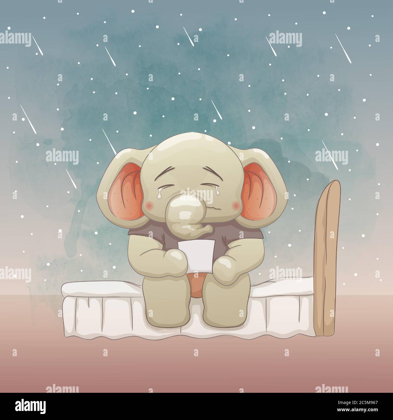 sad baby elephant on the bed. hand drawn vector art style Stock Vector