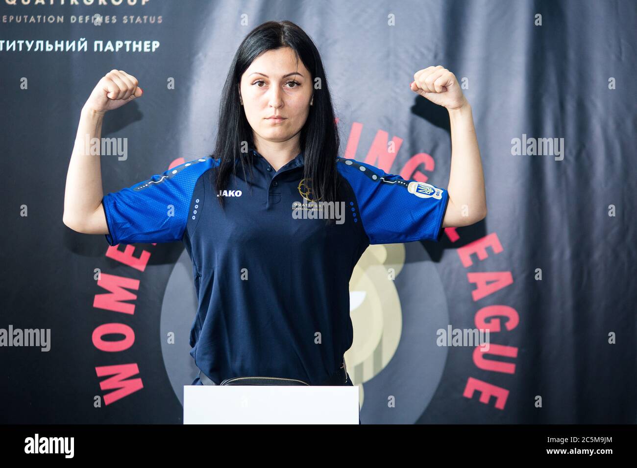 Ukraine Women's Boxing League vice-president,leader of Ukrainian Lionesses ladies boxing team Miroslava Peganova aft weighing in at Kiev Sparta club. Stock Photo