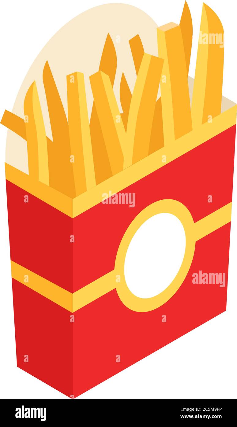 French fries in paper box, isolated. Vector illustration, flat design. French fries fast food in a red package. Stock Vector