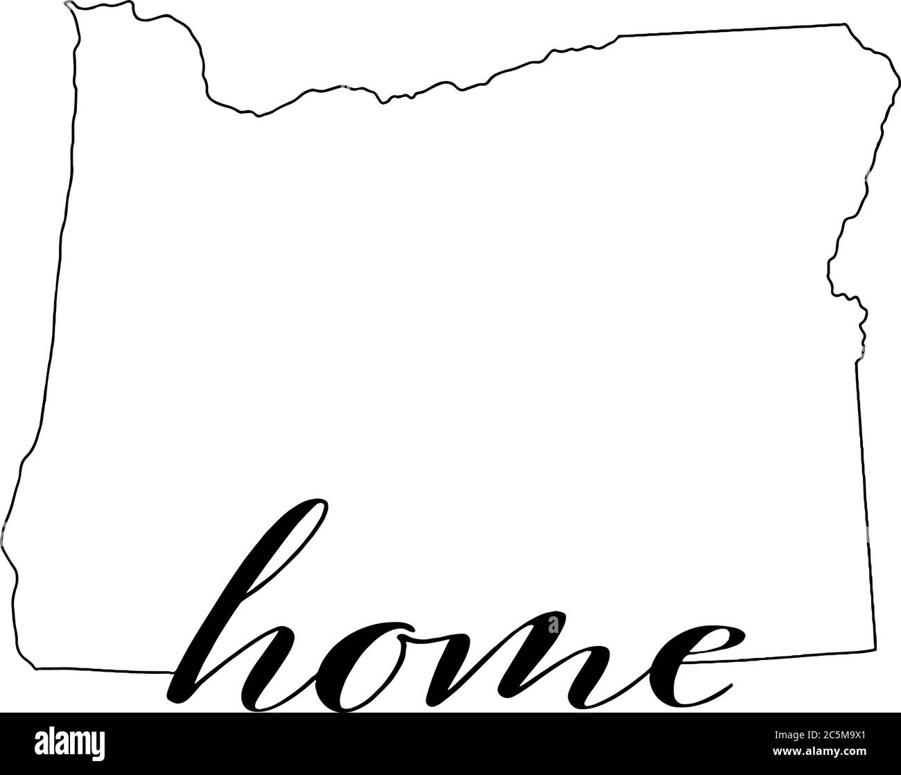 Oregon state map, outline in black with the word home written in the outline Stock Vector