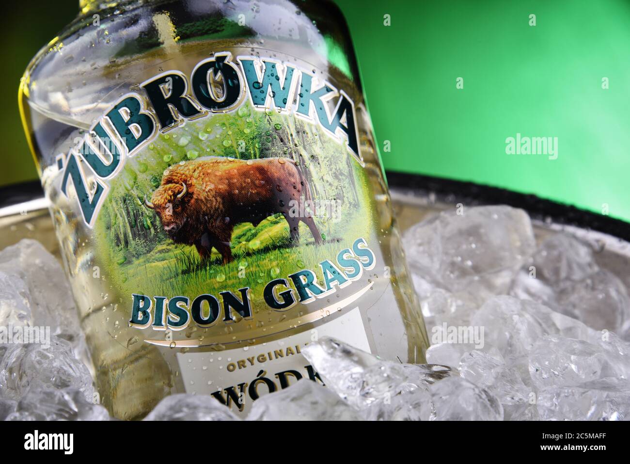 POZNAN, POLAND - JAN 3, 2020: Bottle of Zubrowka also known in English as Bison Grass Vodka, a dry, herb-flavoured vodka distilled from rye and manufa Stock Photo