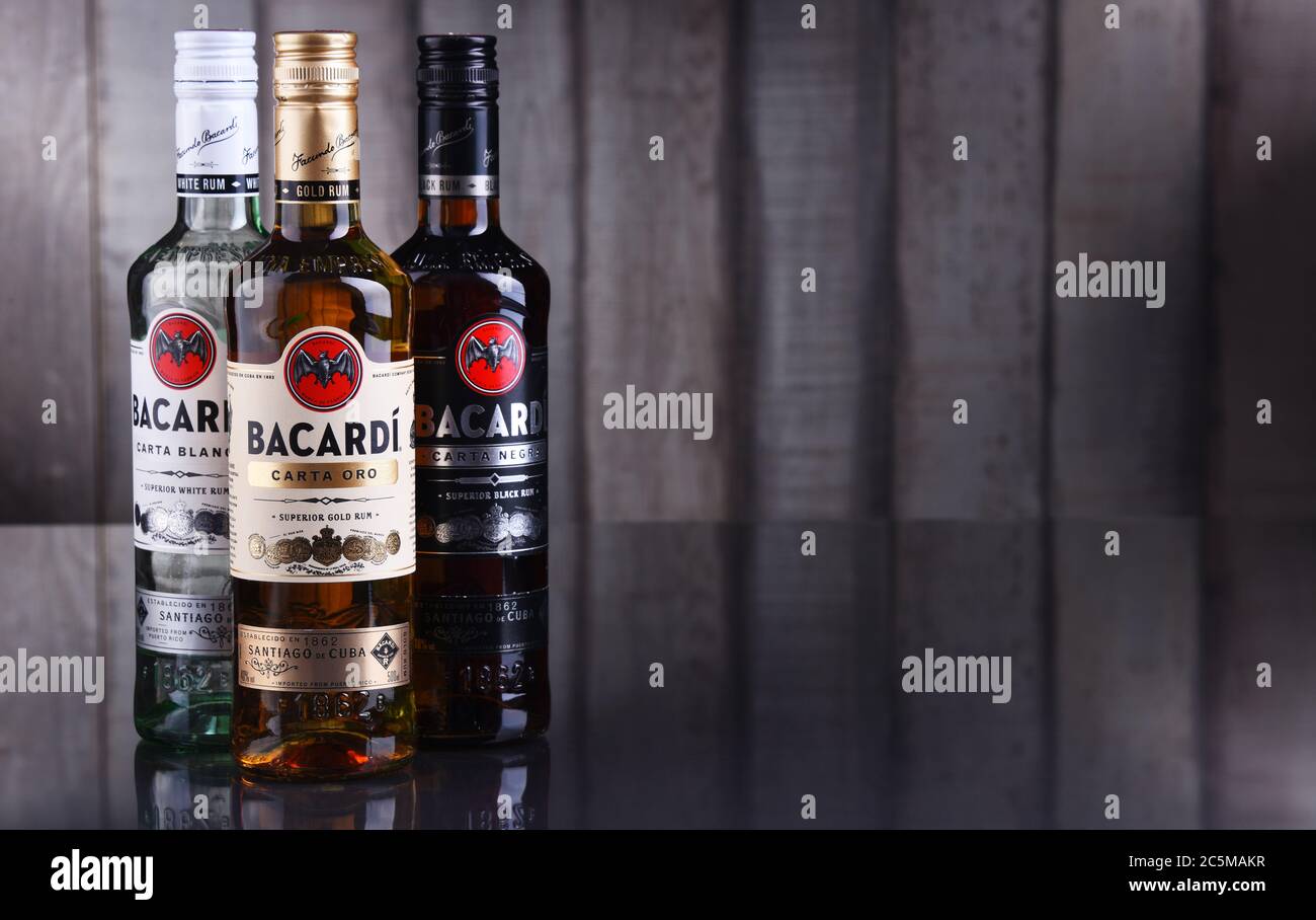 POZNAN, POL - JAN 10, 2020: Bottles of Bacardi white rum, a product of Bacardi Limited, the largest privately held, family-owned spirits company in th Stock Photo