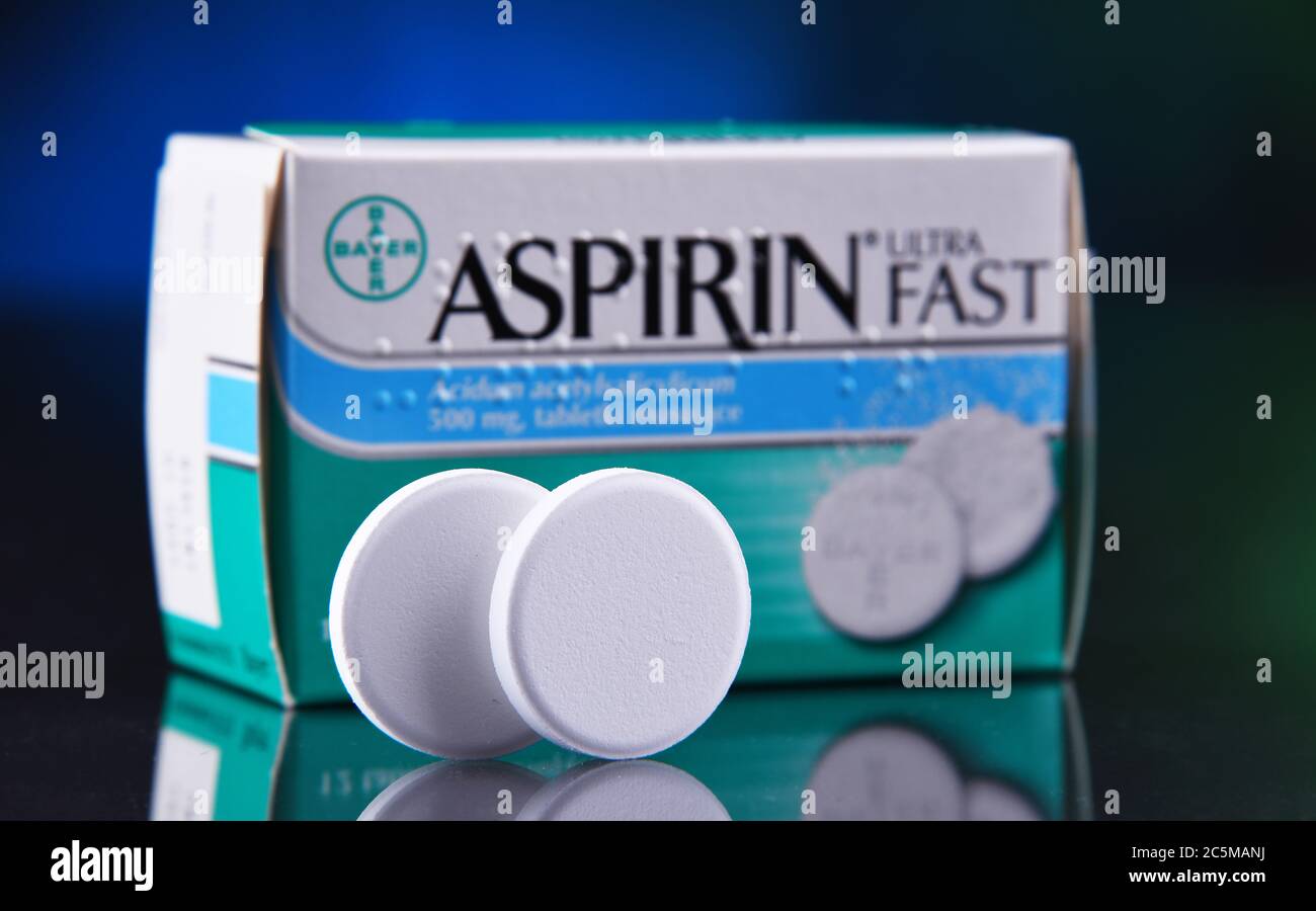 POZNAN, POL JAN 17, 2020 Package of Aspirin, brand of popular