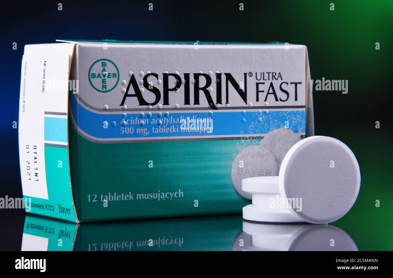 POZNAN, POL JAN 17, 2020 Package of Aspirin, brand of popular