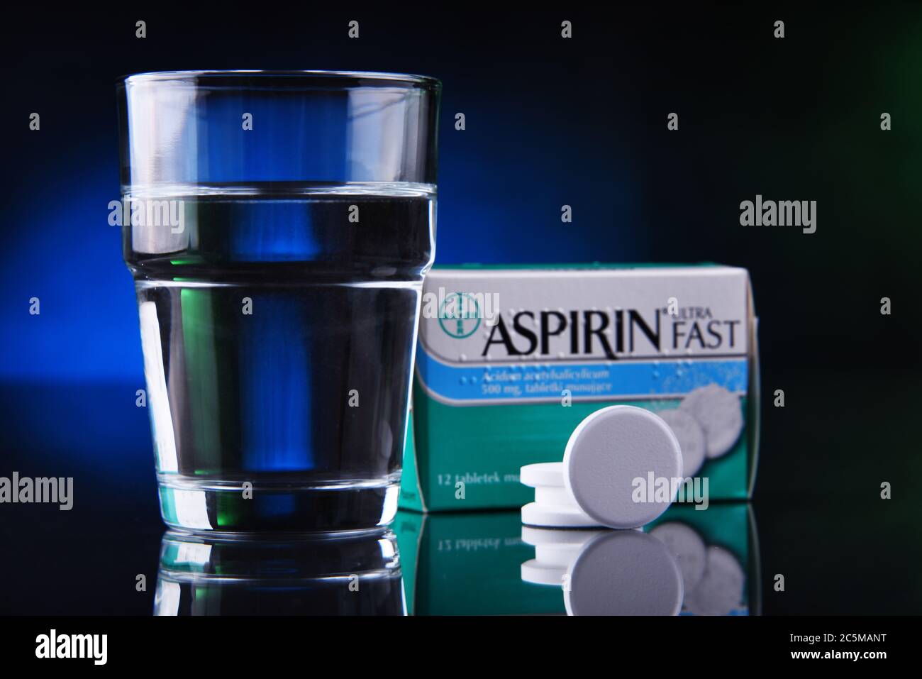 POZNAN, POL JAN 17, 2020 Package of Aspirin, brand of popular