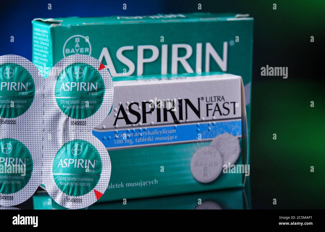 POZNAN, POL JAN 17, 2020 Package of Aspirin, brand of popular