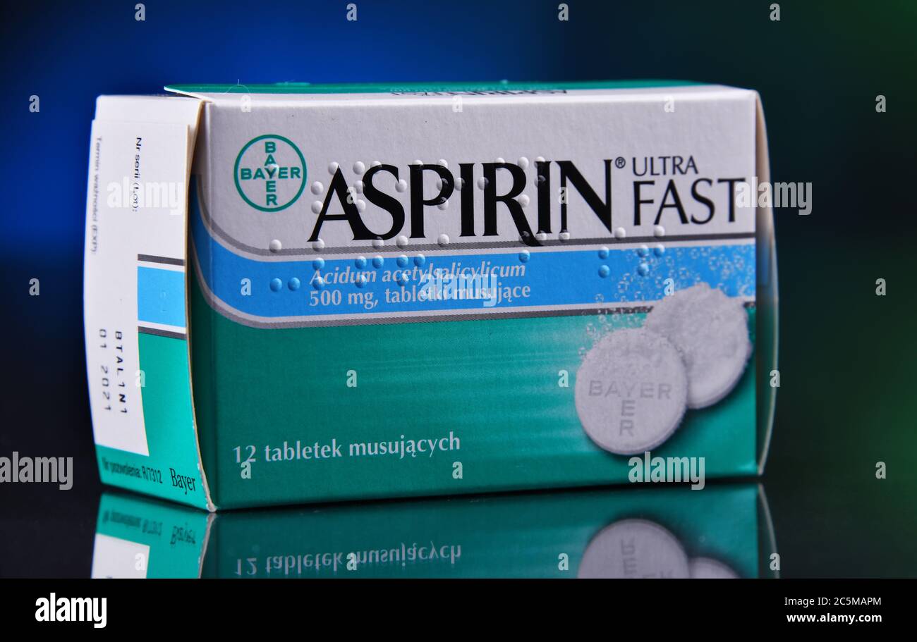 POZNAN, POL JAN 17, 2020 Package of Aspirin, brand of popular