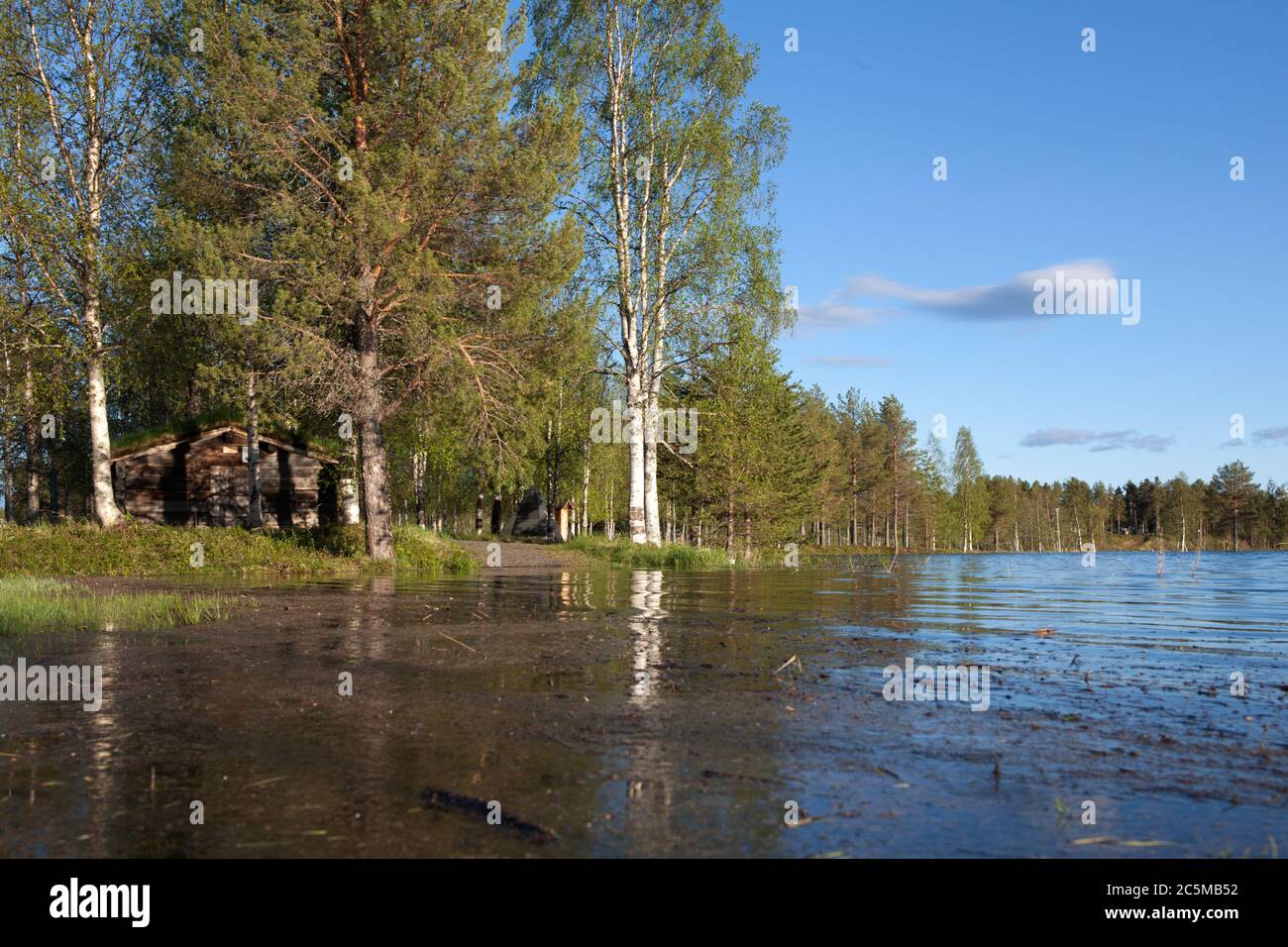 View of a flooded country road, forest in the background. Wooden barn in the wood. Sunshine. Stock Photo