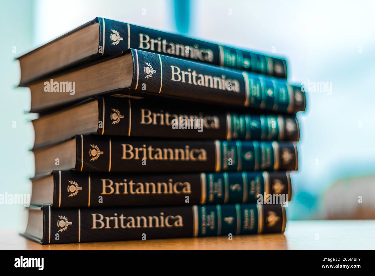 POZNAN, POL - FEB 03, 2020: Encyclopedia Britannica volumes in a public library Stock Photo