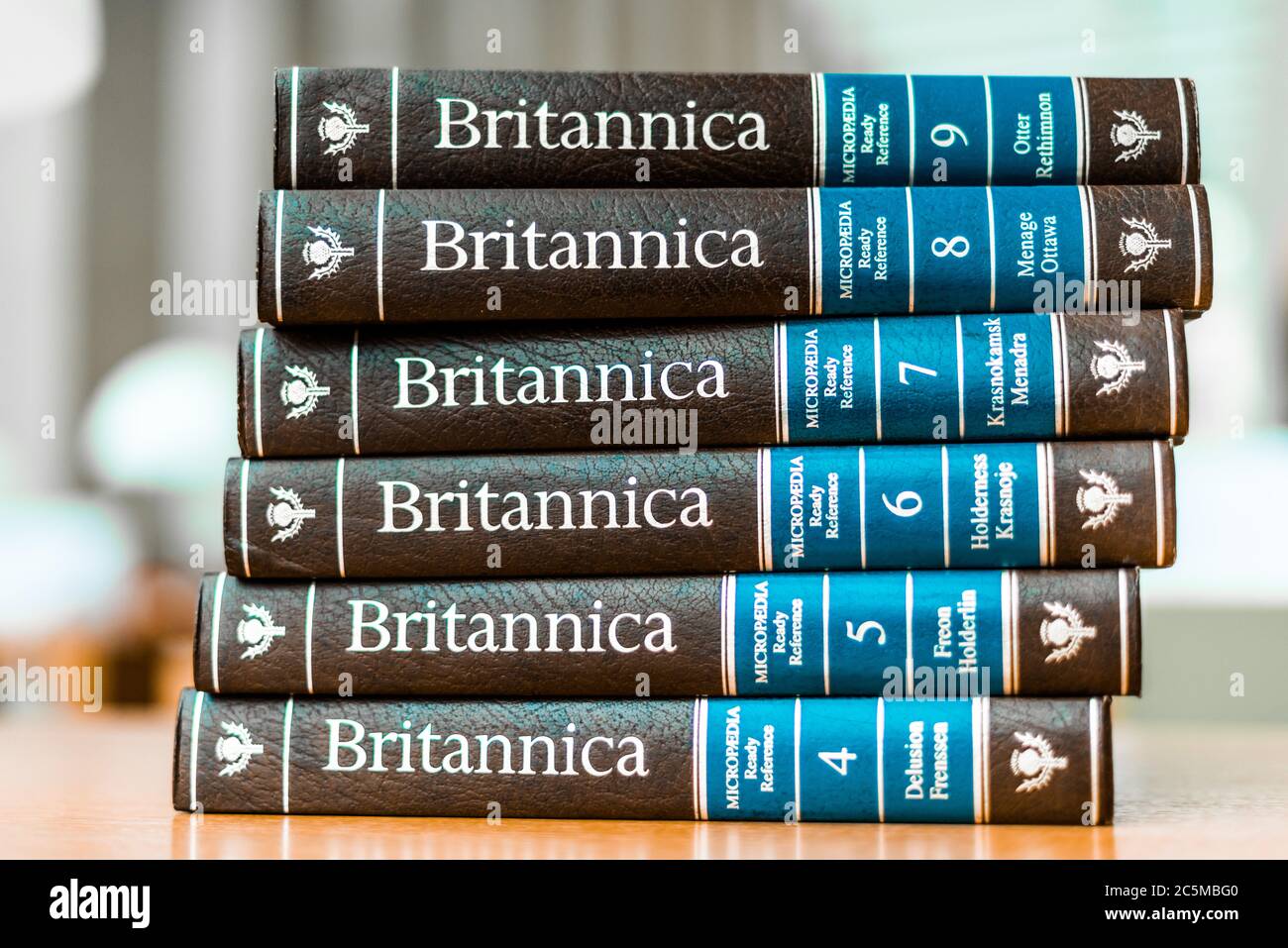 POZNAN, POL - FEB 03, 2020: Encyclopedia Britannica volumes in a public library Stock Photo