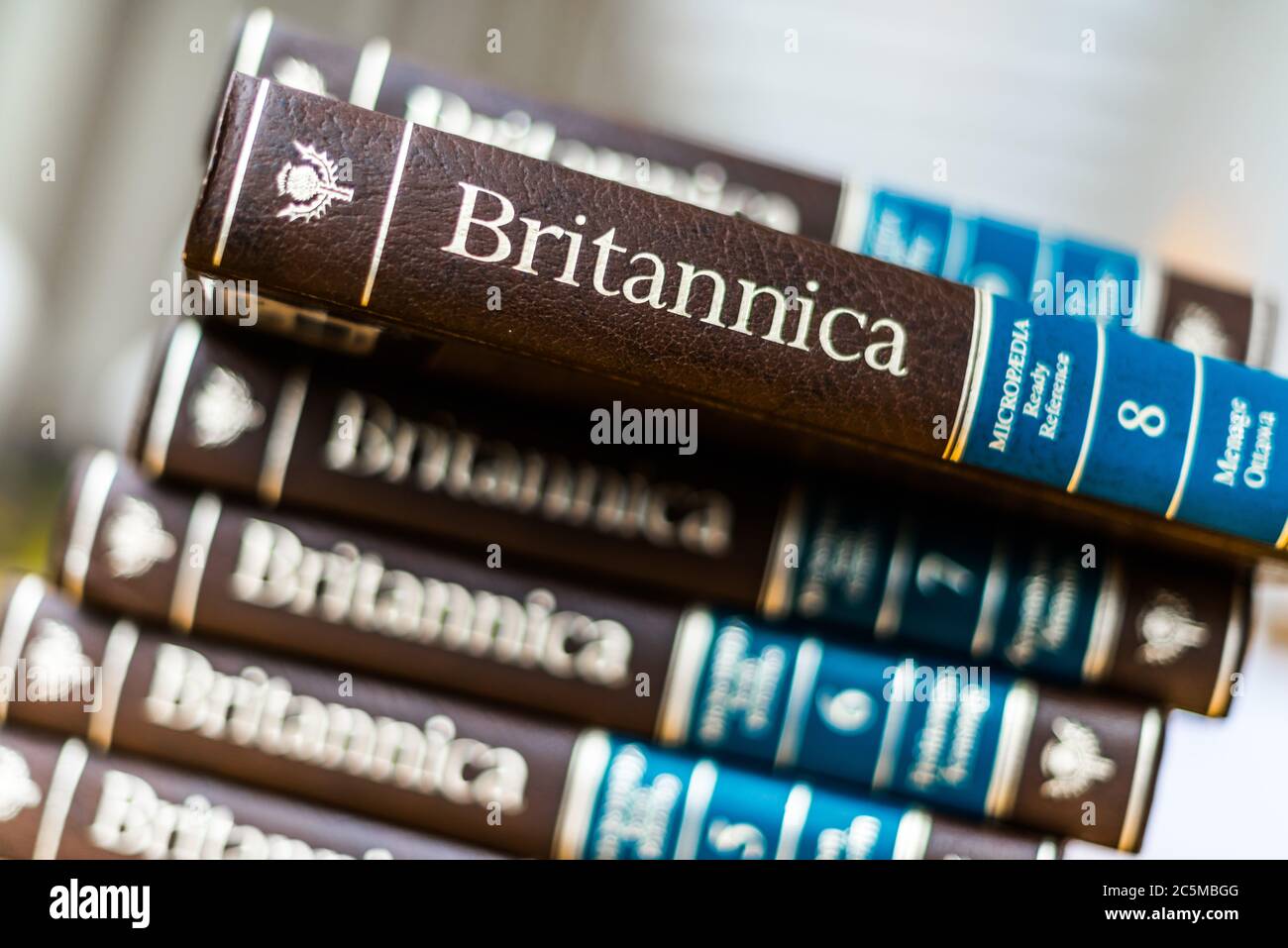 POZNAN, POL - FEB 03, 2020: Encyclopedia Britannica volumes in a public library Stock Photo
