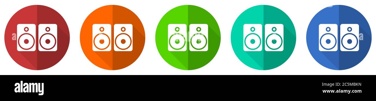 Set of music speakers, loudspeaker icon set, red, blue, green and ...