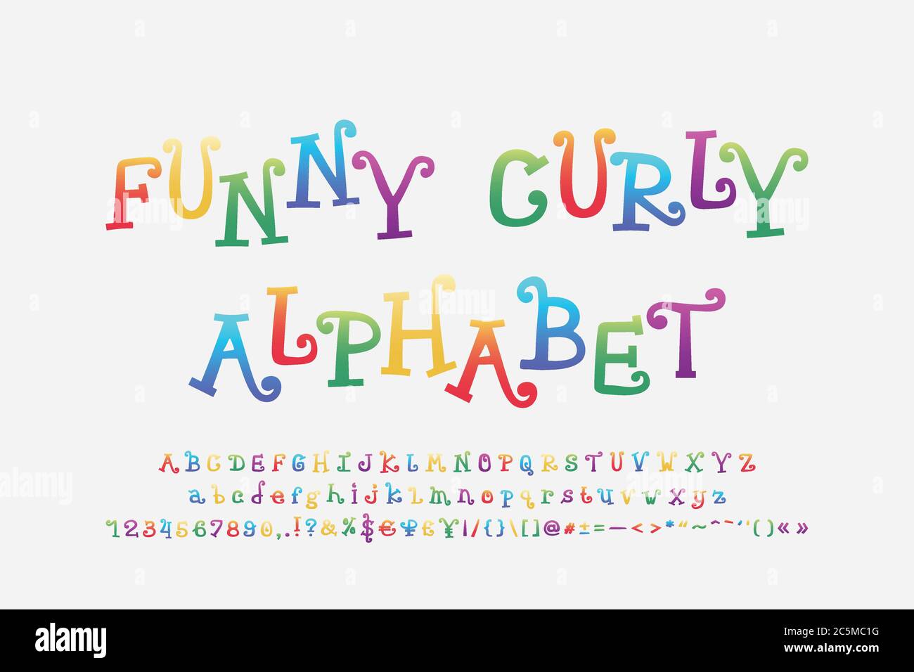 Funny colored alphabet cartoon curly font. Uppercase and lowercase letters, numbers, punctuation marks. Vector illustration. Stock Vector