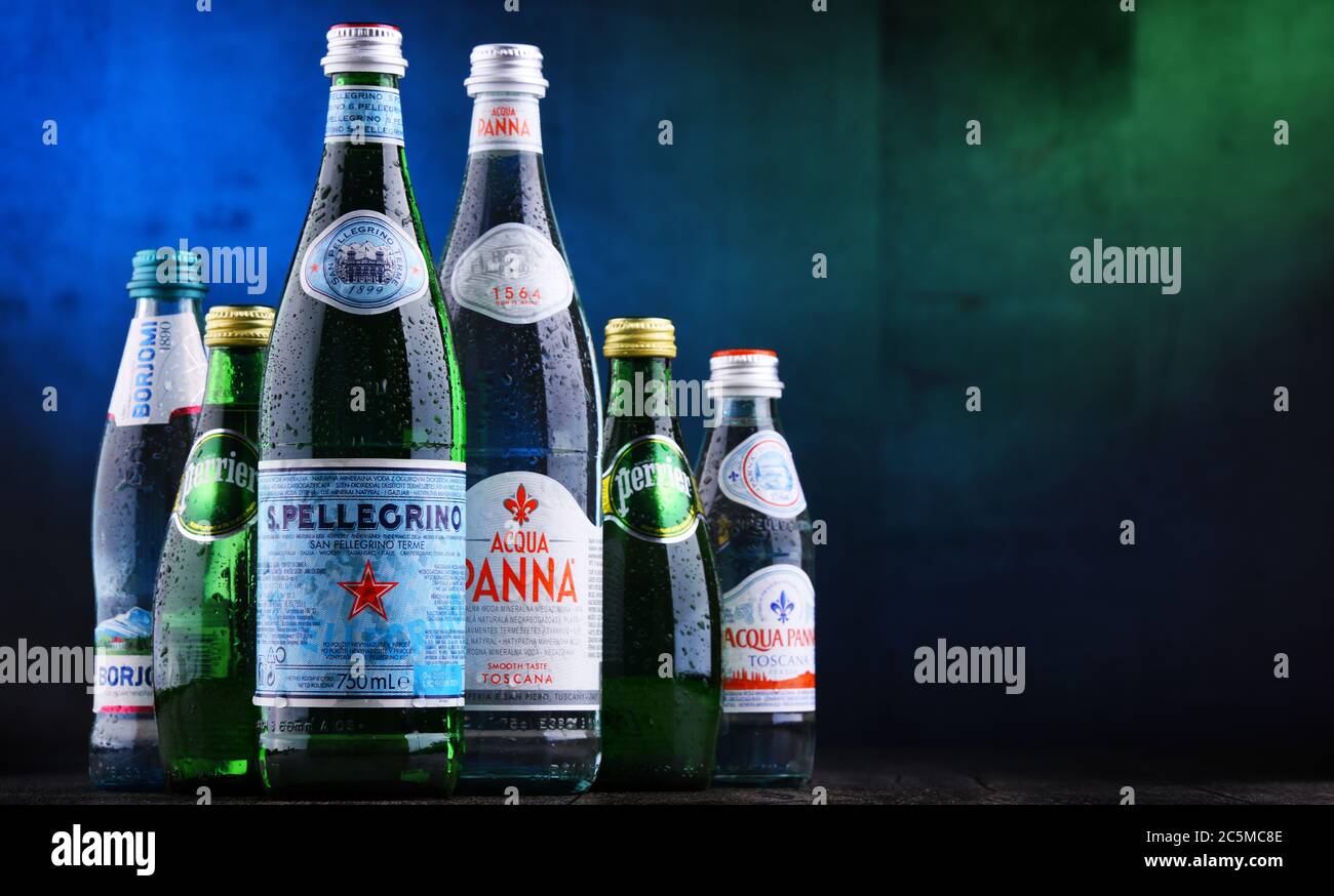 Poznan Pol Apr 30 Bottles Of Global Mineral Water Brands Including Perrier Pellegrino Borjomi And Acqua Panna Stock Photo Alamy