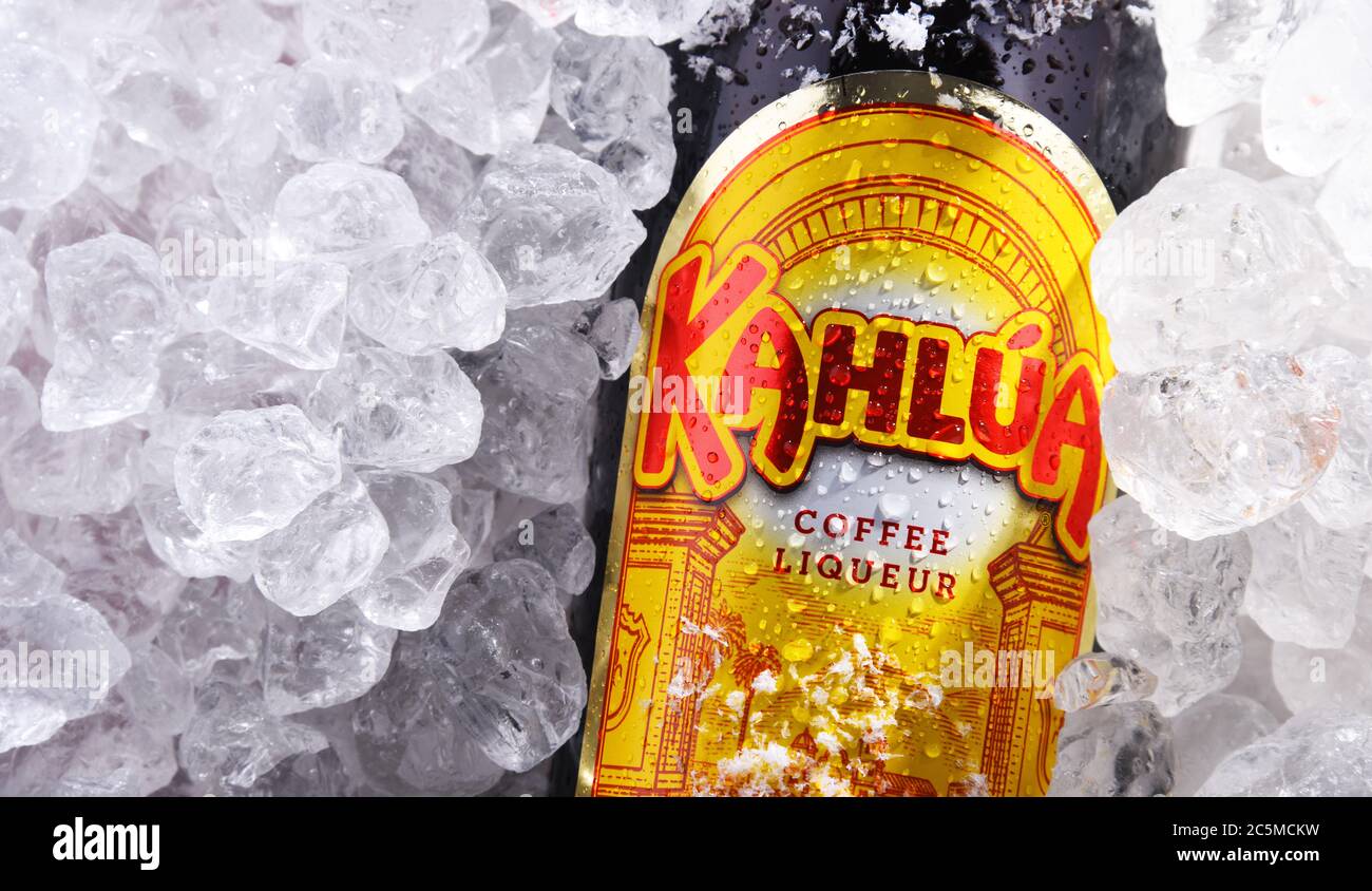 POZNAN, POL - MAY 28, 2020: Bottle of Kahlua, a brand of Mexican coffee-flavored liqueur containing rum, corn syrup and vanilla bean, manufactured by Stock Photo
