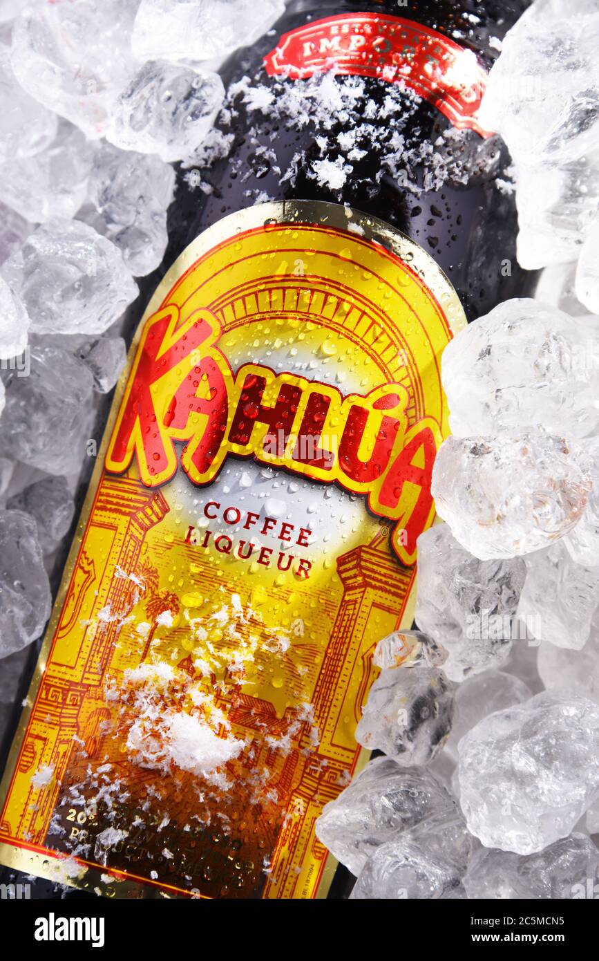 POZNAN, POL - MAY 28, 2020: Bottle of Kahlua, a brand of Mexican coffee-flavored liqueur containing rum, corn syrup and vanilla bean, manufactured by Stock Photo
