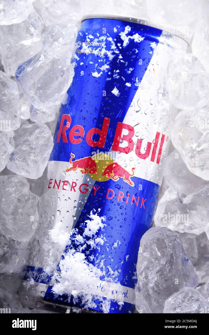 POZNAN, POL - JUN 10, 2020: Can of Red Bull, an energy drink sold by Red Bull GmbH, an Austrian company created in 1987 Stock Photo