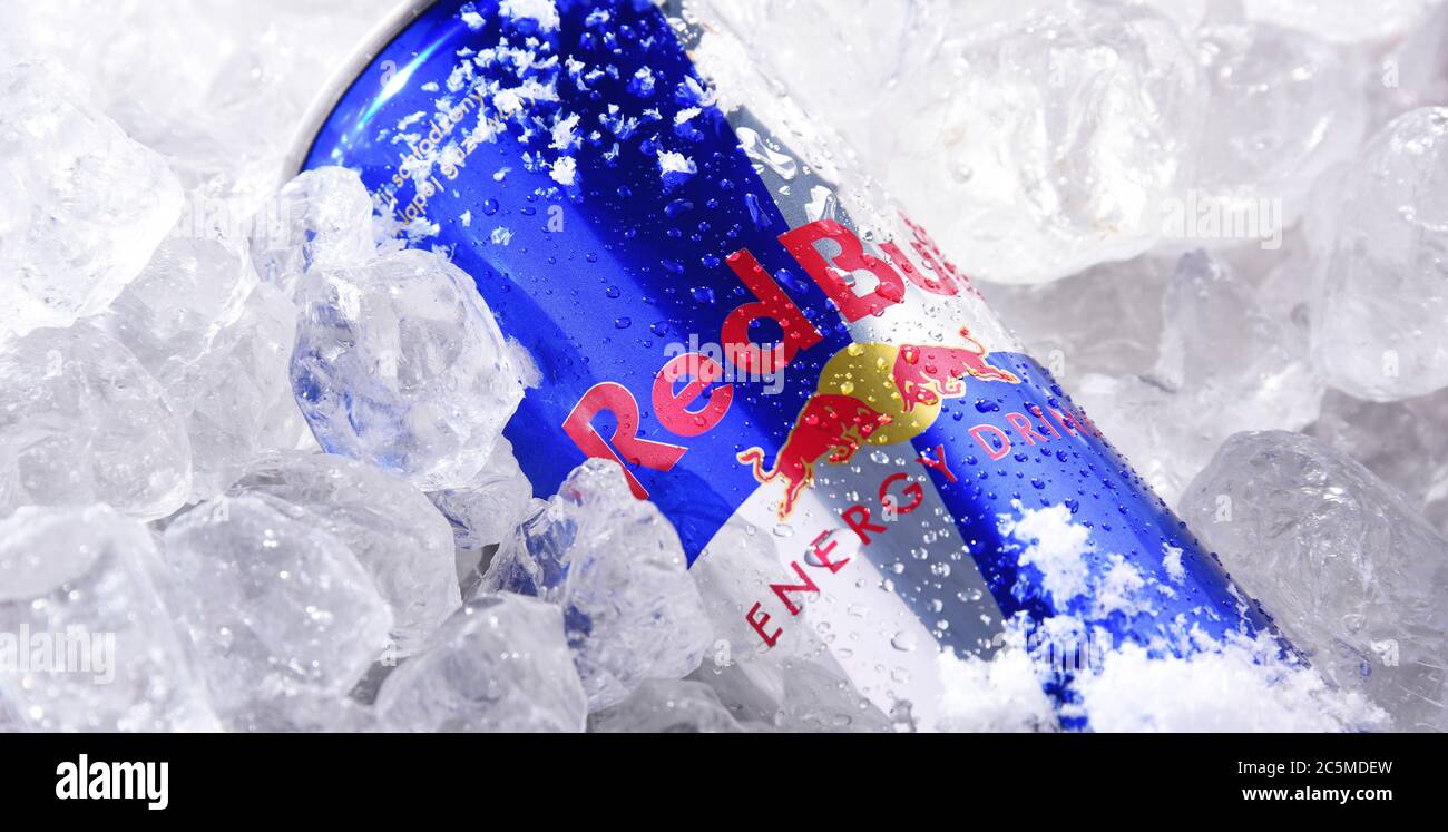 POZNAN, POL - JUN 10, 2020: Can of Red Bull, an energy drink sold by Red Bull GmbH, an Austrian company created in 1987 Stock Photo