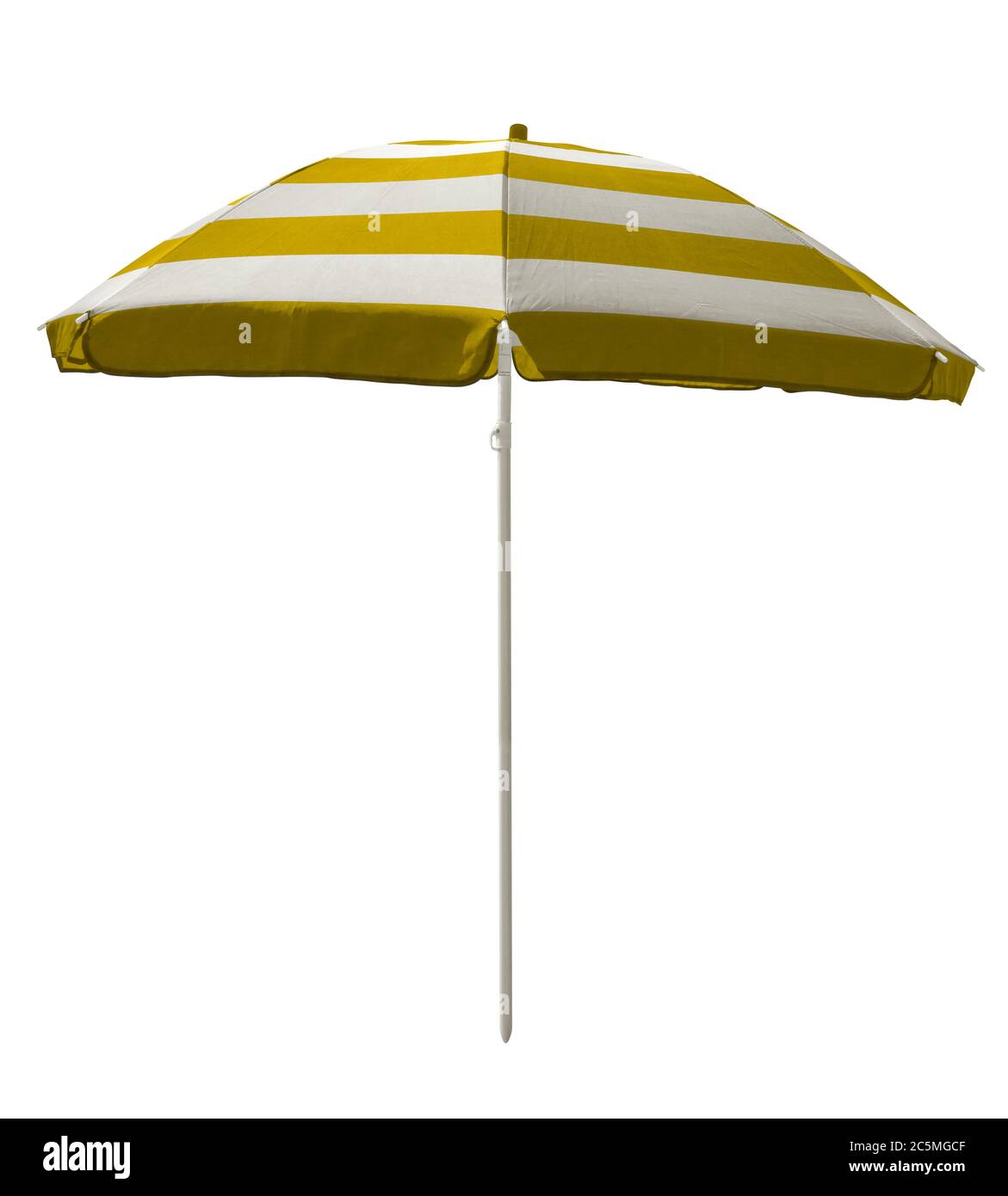 Yellow striped beach umbrella isolated on white. Clipping path included