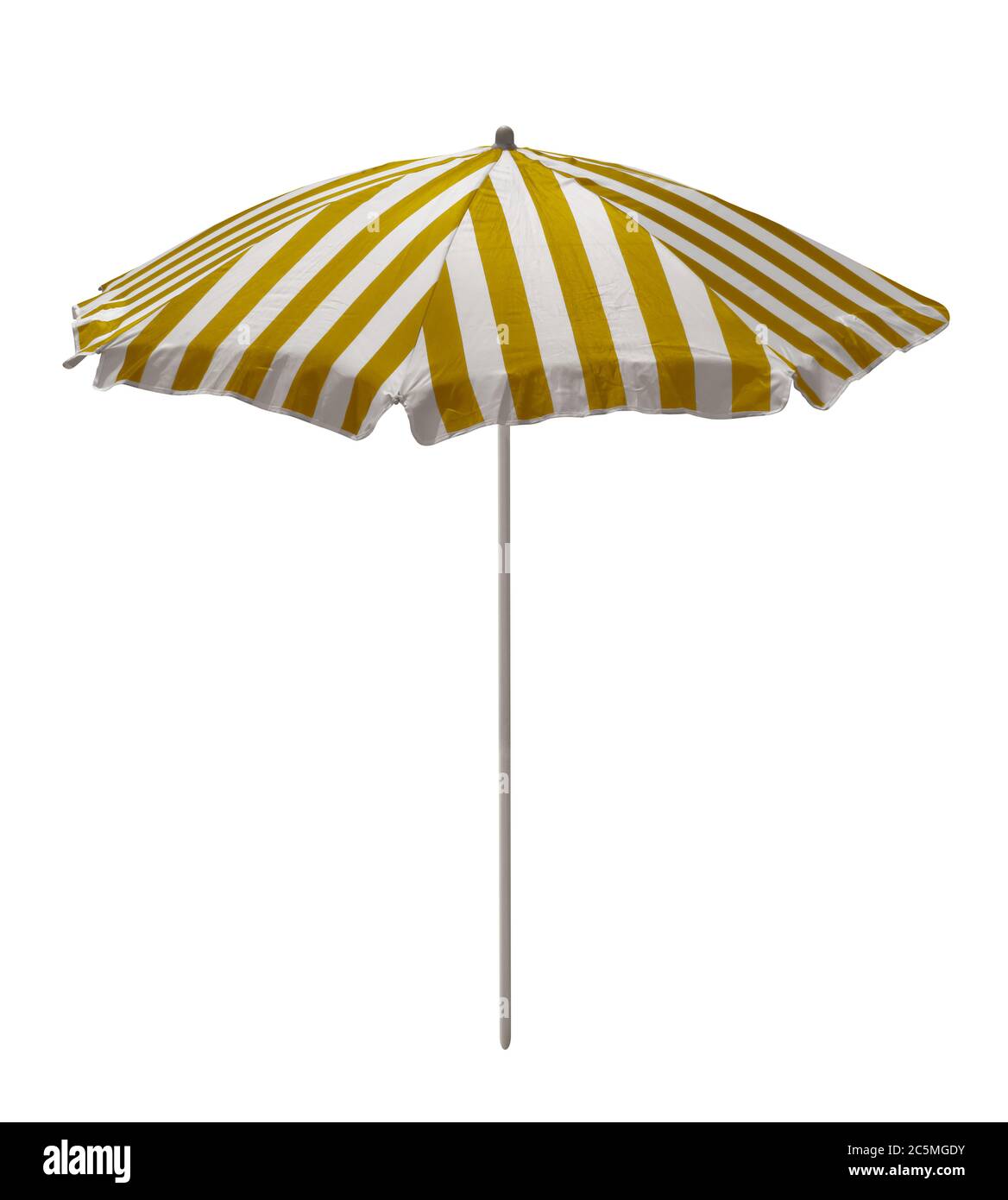 Yellowwhite striped beach umbrella isolated on white. Clipping path