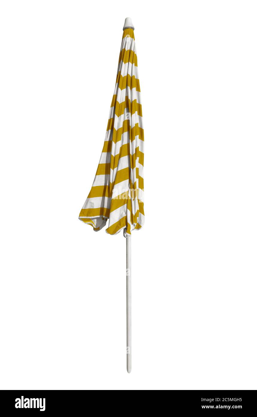 Closed Yellow striped beach umbrella isolated on white. Clipping path