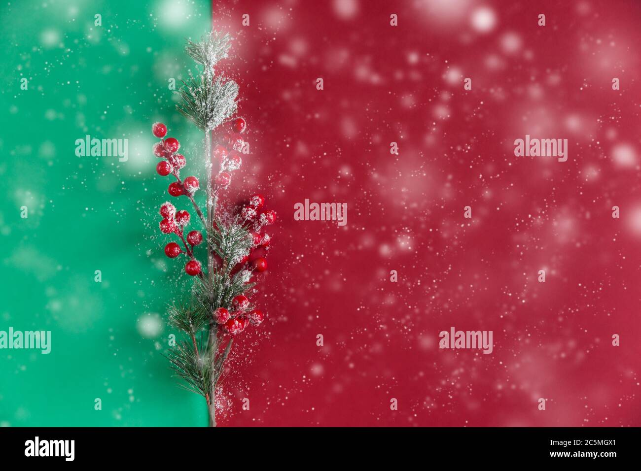 Christmas branch decoration with red berries on a red and green ...