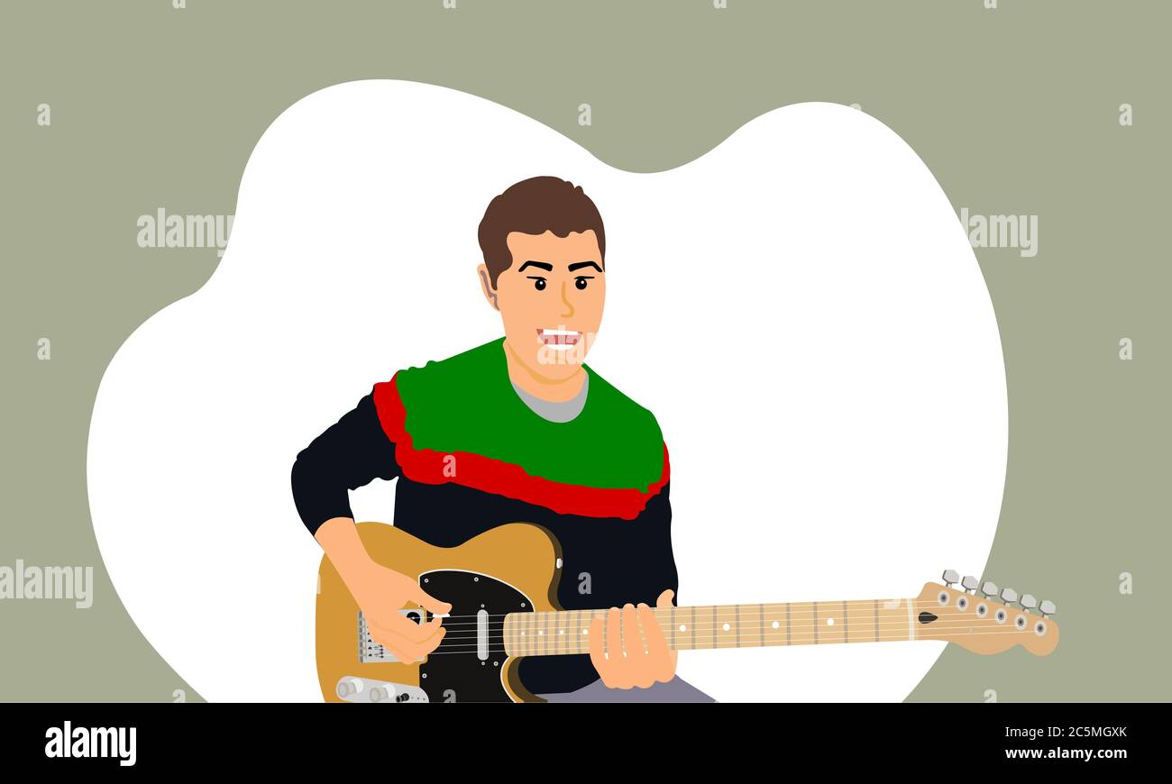Young man playing the electric guitar and sings a song. Creative man, musician. Vector illustration. Stock Photo