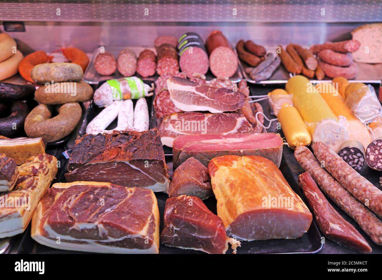 Sausage counter in a butcher's shop Stock Photo Alamy