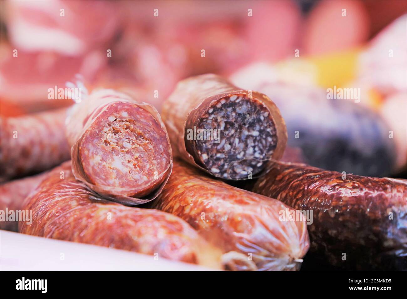 Sausage counter in a butcher's shop Stock Photo Alamy