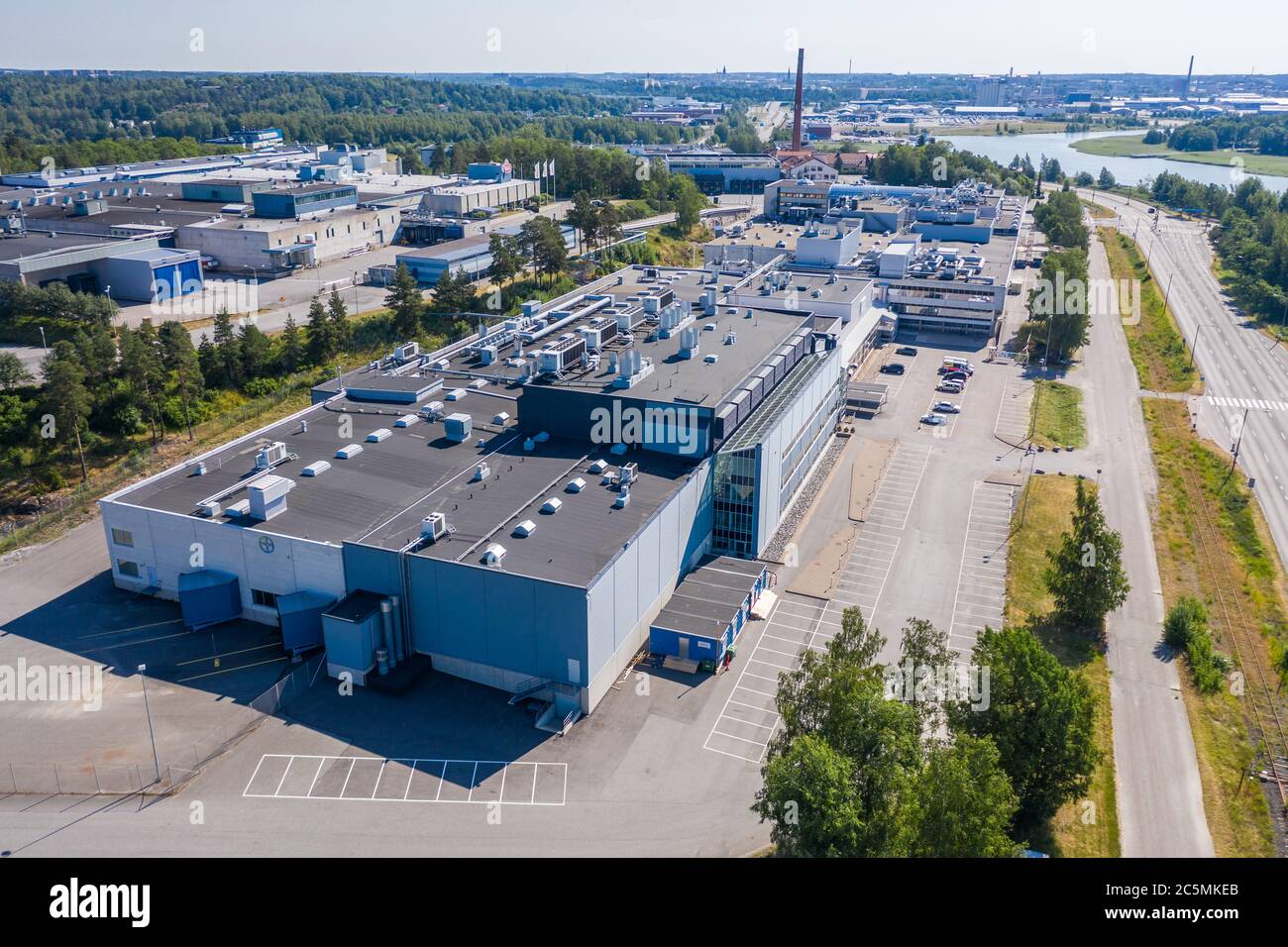 Aerial view of Bayer medicine factory and research center in Turku, Finland in Summer Stock Photo