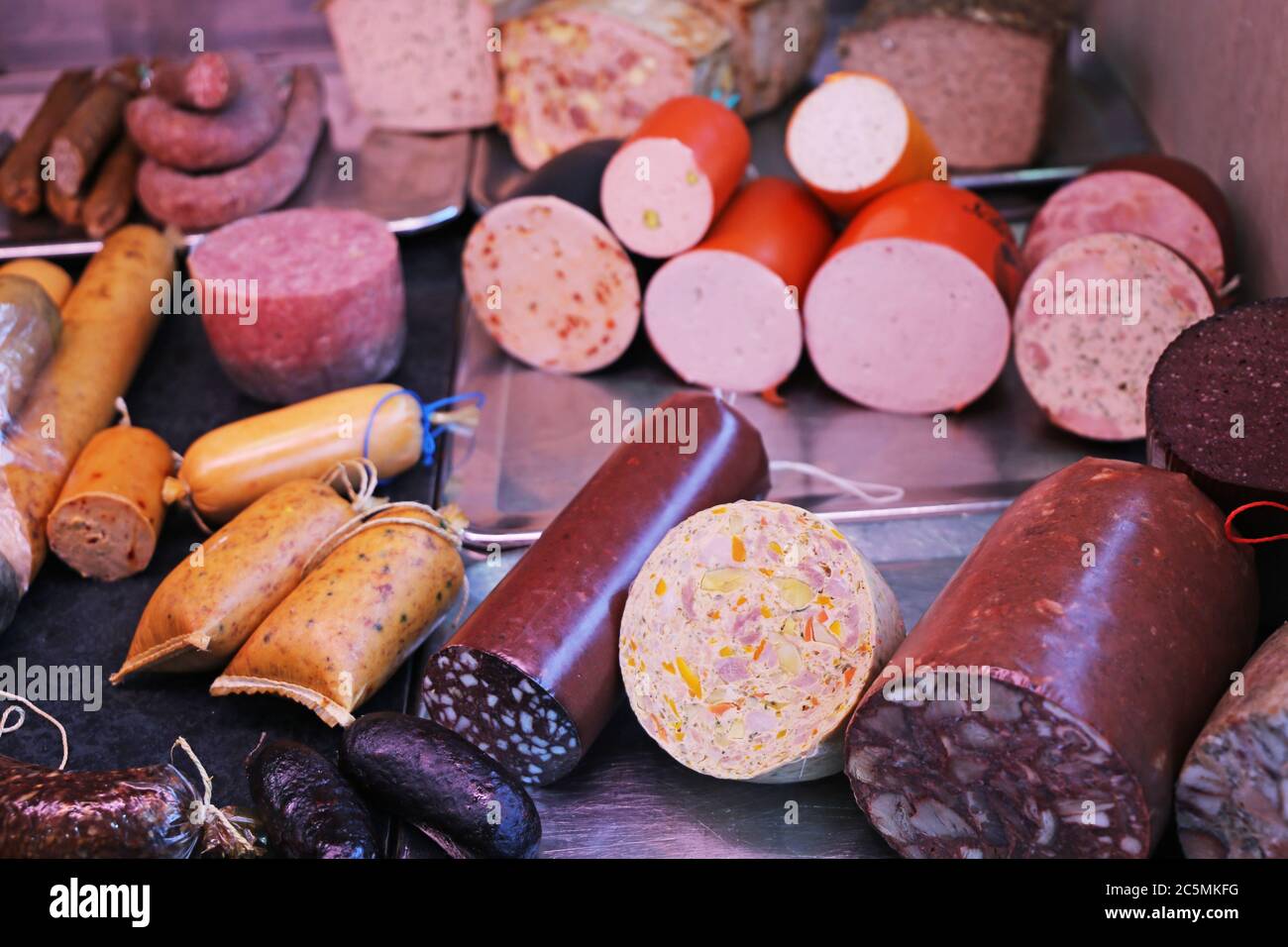 Sausage counter in a butcher's shop Stock Photo Alamy